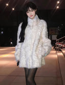 Stand Collar Faux Lamb Fur Coat for Women, New Autumn and Winter Thick Warm Fur Coat Top Trendy