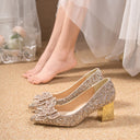 Crystal High Heels Women's Thick Heel French Style Elegant Bow plus size Rhinestone Sequin Single-layer Shoes Bridesmaid Shoes Xiuhe Wedding Shoes