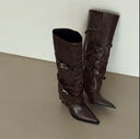 Pointed Metal Belt Buckle Rivets Retro Western Cowboy Boots High Heels Knight Sexy Long Tube Boots Women's Boots