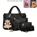 Fashion Embossed 4Pcs Women Handbag Set PU Tote Shoulder Bag Wallet Purse With Bear Pendant Daily Bags
