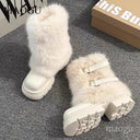 Fashion Cool Brown Fur Round Toe Ankle Boots Versatile Belt Buckle Design Stylish Winter Short Boots Bottes Femmes Size 35-40