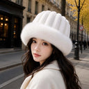 Vertical Texture Striped Fur Hat Fleece Lining Windproof Plush Trapper Hats Thermal Insulation Faux Fur Brim Puffy Bucket Cap