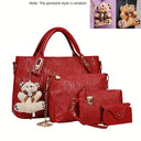 Fashion Embossed 4Pcs Women Handbag Set PU Tote Shoulder Bag Wallet Purse With Bear Pendant Daily Bags