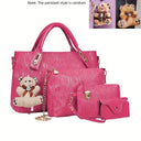 Fashion Embossed 4Pcs Women Handbag Set PU Tote Shoulder Bag Wallet Purse With Bear Pendant Daily Bags