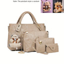 Fashion Embossed 4Pcs Women Handbag Set PU Tote Shoulder Bag Wallet Purse With Bear Pendant Daily Bags