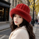 Vertical Texture Striped Fur Hat Fleece Lining Windproof Plush Trapper Hats Thermal Insulation Faux Fur Brim Puffy Bucket Cap