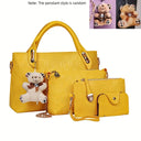 Fashion Embossed 4Pcs Women Handbag Set PU Tote Shoulder Bag Wallet Purse With Bear Pendant Daily Bags