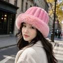 Vertical Texture Striped Fur Hat Fleece Lining Windproof Plush Trapper Hats Thermal Insulation Faux Fur Brim Puffy Bucket Cap
