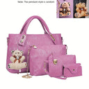 Fashion Embossed 4Pcs Women Handbag Set PU Tote Shoulder Bag Wallet Purse With Bear Pendant Daily Bags