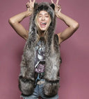 Faux Fur Hood Animal Hat Ear Flaps Hand Pockets 3in1 Animal Hood Hat Wolf Plush Warm Animal Cap with Scarf Gloves Costume