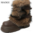 Fashion Cool Brown Fur Round Toe Ankle Boots Versatile Belt Buckle Design Stylish Winter Short Boots Bottes Femmes Size 35-40