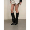 Pointed Metal Belt Buckle Rivets Retro Western Cowboy Boots High Heels Knight Sexy Long Tube Boots Women's Boots