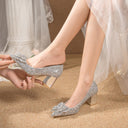 Crystal High Heels Women's Thick Heel French Style Elegant Bow plus size Rhinestone Sequin Single-layer Shoes Bridesmaid Shoes Xiuhe Wedding Shoes