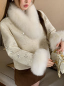 Rich Girl's 25 Autumn/Winter New Collection Beaded Double-Sided Cashmere Coat with Fox Fur, Chanel-Style Woolen Fur Coat