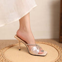 2025 New Summer High Heels Fairy Style Stiletto Heel Square Toe Bow Open Toe Rhinestone High Heel Sandals