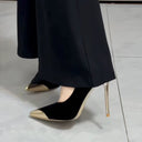 2025 Autumn and Winter Royal Sister Style Niche Thin Heel High Heels Light Luxury Black Suede Metal Pointed Toe Design High Heels