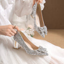 Crystal High Heels Women's Thick Heel French Style Elegant Bow plus size Rhinestone Sequin Single-layer Shoes Bridesmaid Shoes Xiuhe Wedding Shoes