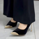 2025 Autumn and Winter Royal Sister Style Niche Thin Heel High Heels Light Luxury Black Suede Metal Pointed Toe Design High Heels