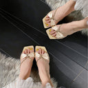 2025 Summer Square Toe Bow Nude High Heels Women's Rhinestone Stiletto Strap Half Slippers for Outerwear Without Tired Feet