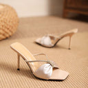 2025 New Summer High Heels Fairy Style Stiletto Heel Square Toe Bow Open Toe Rhinestone High Heel Sandals