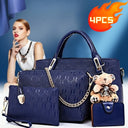 Fashion Embossed 4Pcs Women Handbag Set PU Tote Shoulder Bag Wallet Purse With Bear Pendant Daily Bags