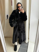 Women's fashion coat plain high-end fur long-sleeved pocket lapel top autumn and winter new coat
