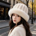 Vertical Texture Striped Fur Hat Fleece Lining Windproof Plush Trapper Hats Thermal Insulation Faux Fur Brim Puffy Bucket Cap
