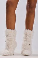 White Faux Fur Mid‑Calf High Heel Boots Drawstring Adjustable Stiletto Heel Furry Boots Winter Fashion Footwear