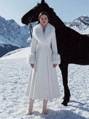 Women Long Wool Blend Faux Collar Overcoat Fur Trim Cuffs A Line Flared Maxi Hem Single Breasted Coat Elegant Ladies Outerwear