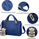 Fashion Embossed 4Pcs Women Handbag Set PU Tote Shoulder Bag Wallet Purse With Bear Pendant Daily Bags