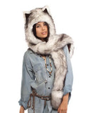 Faux Fur Hood Animal Hat Ear Flaps Hand Pockets 3in1 Animal Hood Hat Wolf Plush Warm Animal Cap with Scarf Gloves Costume