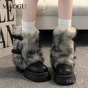 Fashion Cool Brown Fur Round Toe Ankle Boots Versatile Belt Buckle Design Stylish Winter Short Boots Bottes Femmes Size 35-40