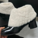 Women Square Toe Faux Fur Ankle Boots Warm Plush Lined Chunky Block Heel Short Boots Winter Fashion Leather Lady Snow Booties DE