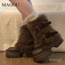 Fashion Cool Brown Fur Round Toe Ankle Boots Versatile Belt Buckle Design Stylish Winter Short Boots Bottes Femmes Size 35-40