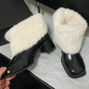 Women Square Toe Faux Fur Ankle Boots Warm Plush Lined Chunky Block Heel Short Boots Winter Fashion Leather Lady Snow Booties DE