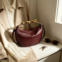 Elegant Burgundy Handbags For Lady Twisted Gold Metal Handle Soft Leather Shoulder Cross Body Hobo Purse For Daily Wedding Party