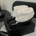 Women Square Toe Faux Fur Ankle Boots Warm Plush Lined Chunky Block Heel Short Boots Winter Fashion Leather Lady Snow Booties DE
