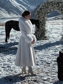 Women Long Wool Blend Faux Collar Overcoat Fur Trim Cuffs A Line Flared Maxi Hem Single Breasted Coat Elegant Ladies Outerwear