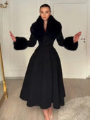 Women Long Wool Blend Faux Collar Overcoat Fur Trim Cuffs A Line Flared Maxi Hem Single Breasted Coat Elegant Ladies Outerwear