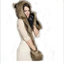 Faux Fur Hood Animal Hat Ear Flaps Hand Pockets 3in1 Animal Hood Hat Wolf Plush Warm Animal Cap with Scarf Gloves Costume