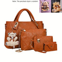 Fashion Embossed 4Pcs Women Handbag Set PU Tote Shoulder Bag Wallet Purse With Bear Pendant Daily Bags