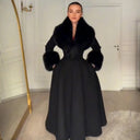 Women Long Wool Blend Faux Collar Overcoat Fur Trim Cuffs A Line Flared Maxi Hem Single Breasted Coat Elegant Ladies Outerwear