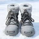 Unisex Winter Boots Faux Fur Cuff Lace Up Warm Plush Snow Boots Round Toe Thick Sole Khaki Grey Short Boots Comfortable Shoes