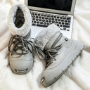 Unisex Winter Boots Faux Fur Cuff Lace Up Warm Plush Snow Boots Round Toe Thick Sole Khaki Grey Short Boots Comfortable Shoes
