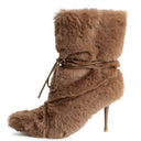 White Faux Fur Mid‑Calf High Heel Boots Drawstring Adjustable Stiletto Heel Furry Boots Winter Fashion Footwear