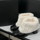 Women Square Toe Faux Fur Ankle Boots Warm Plush Lined Chunky Block Heel Short Boots Winter Fashion Leather Lady Snow Booties DE
