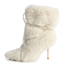 White Faux Fur Mid‑Calf High Heel Boots Drawstring Adjustable Stiletto Heel Furry Boots Winter Fashion Footwear