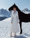 Women Long Wool Blend Faux Collar Overcoat Fur Trim Cuffs A Line Flared Maxi Hem Single Breasted Coat Elegant Ladies Outerwear