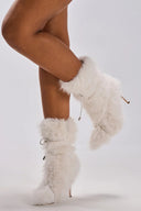White Faux Fur Mid‑Calf High Heel Boots Drawstring Adjustable Stiletto Heel Furry Boots Winter Fashion Footwear