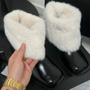 Women Square Toe Faux Fur Ankle Boots Warm Plush Lined Chunky Block Heel Short Boots Winter Fashion Leather Lady Snow Booties DE